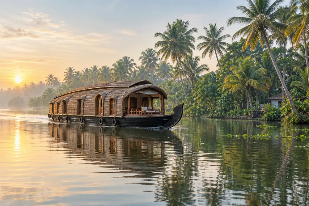 Traditional houseboat gliding through Kerala backwaters surrounded by palm trees