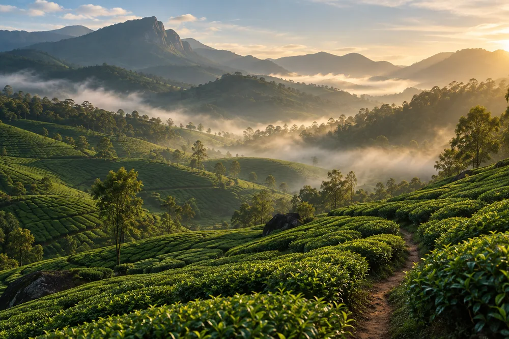 Rolling tea gardens stretching across misty hillsides in Munnar